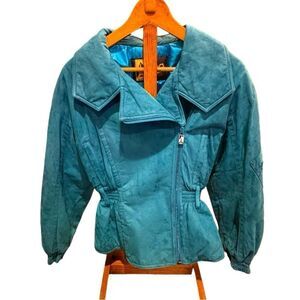 Vintage SKEA Turquoise 80’s Suede Lined Ski Jacket Women’s Puffy Shoulders Sz 8